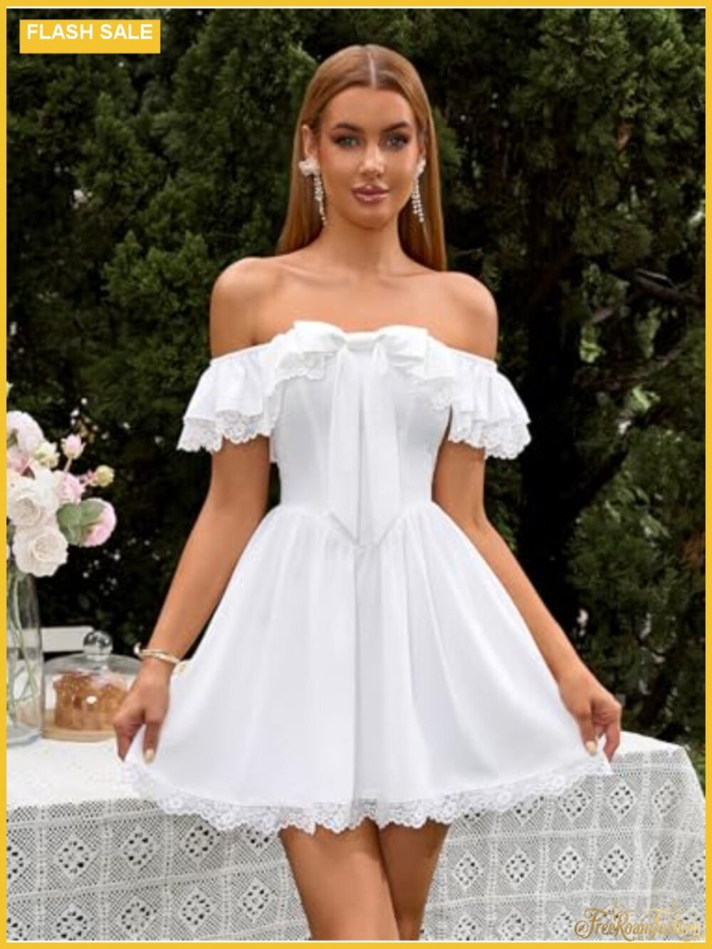 Women's Off Shoulder Mini Dress Lace Bow A Line Casual with Pocket - Picture 4 of 5